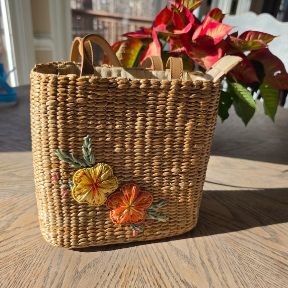 Cappelli Straworld Handbags - Cappelli Straworld Straw Tote Bag Womens Tan Boho Cottagecore Floral Embroidered